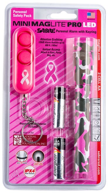 Maglite Mini Pro Flashlight Pink Camo 332-Lumens with Sabre Personal Alarm