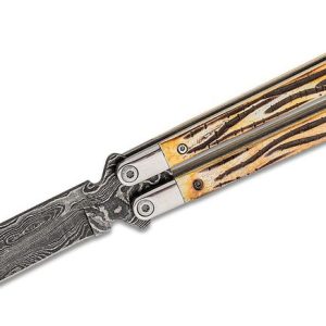 Bear and Sons Cutlery Butterfly Stag Knife - 4" Plain Damascus Clip Point Blade