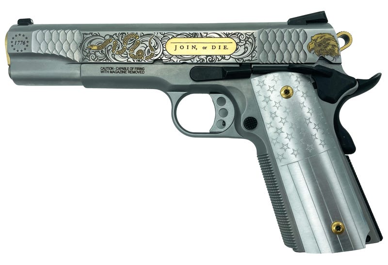 Smith and Wesson 1911 E-Series "Join Or Die" Gold Inlay On Stainless .45 ACP 5" 8Rds Machine Guns Kings Exclusive